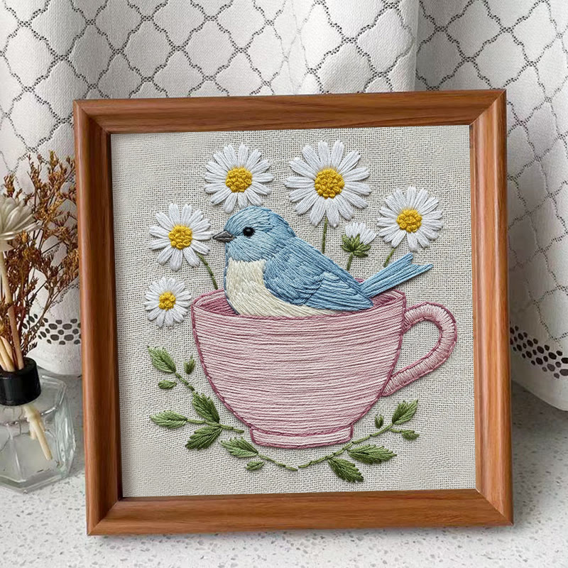 Rubbyoo Embroidery Kit - Floral Bird Cup | Handmade Stitch Art | Unique Home Collection - Embroidery Kit Plus An Extra Frame - image 9