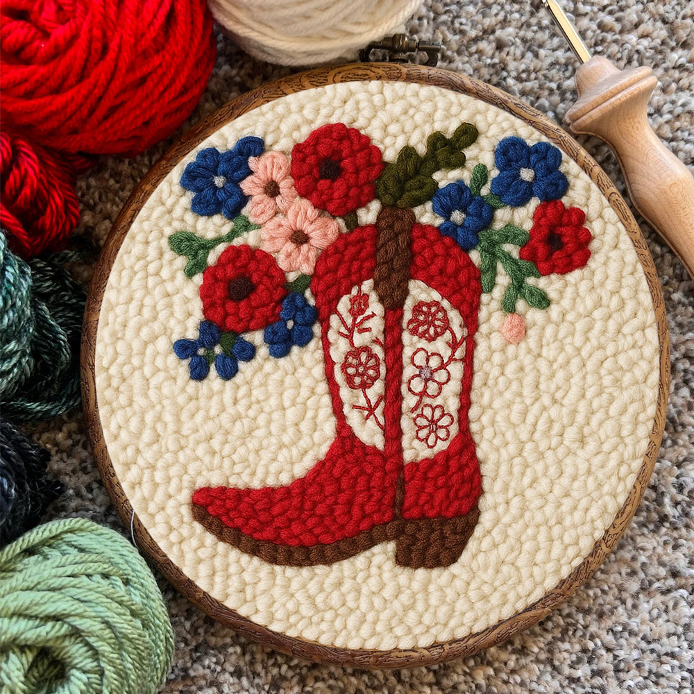 Floral Red Cowboy Boot Punch Needle Kit – Beginner Starter Handcraft | Room Decor Accent - image 8