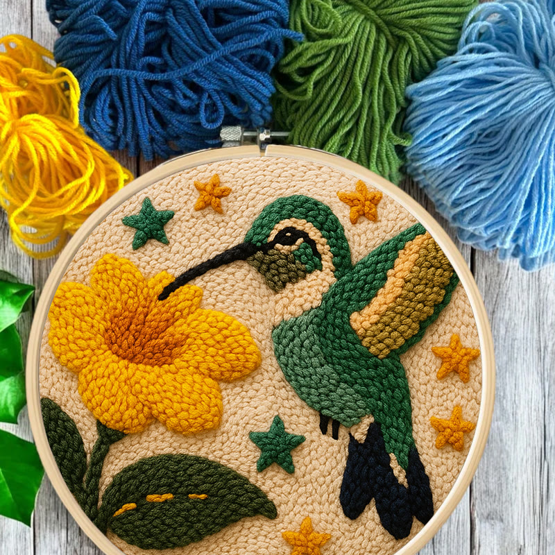 Hummingbird With Yellow Flower And Star Detail Punch Needle Kit – Easy-to-master Diy Craft | Elegant Decor Pendant - image 11