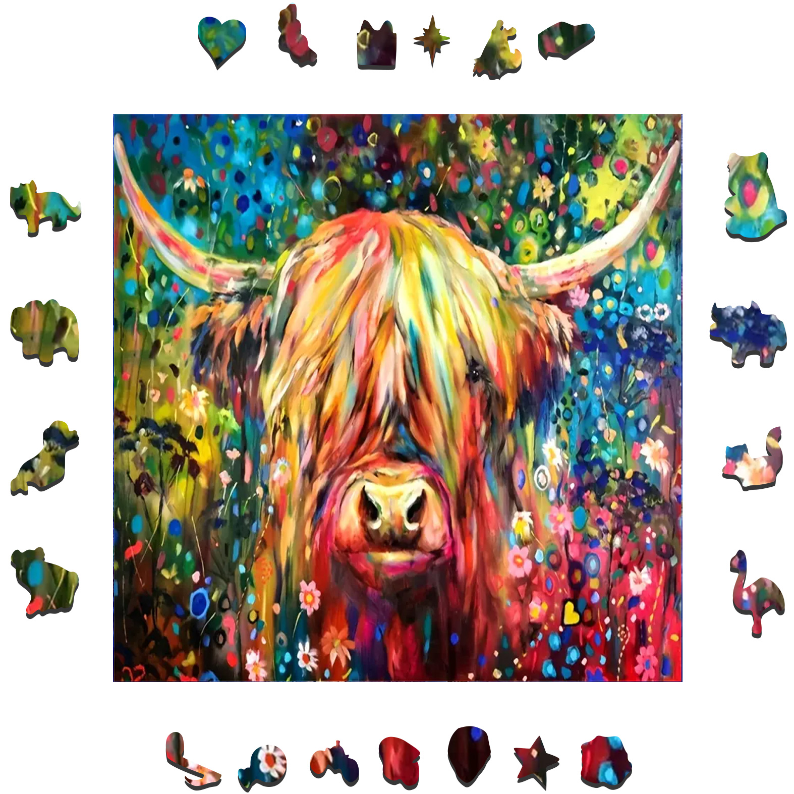 Colorful Highland Cow - Wooden Jigsaw Puzzle