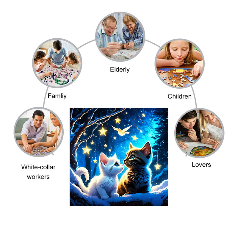 Cats Under The Starry Night Scene - Wooden Jigsaw Puzzle