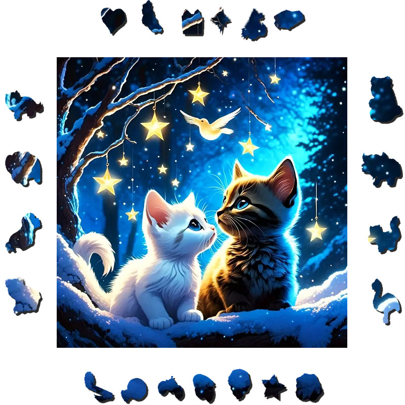 Cats Under The Starry Night Scene - Wooden Jigsaw Puzzle