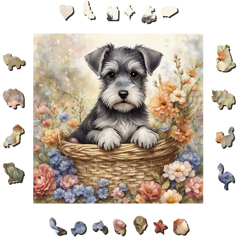 puppy holdis a bouquet of flowers - Wooden Jigsaw Puzzle