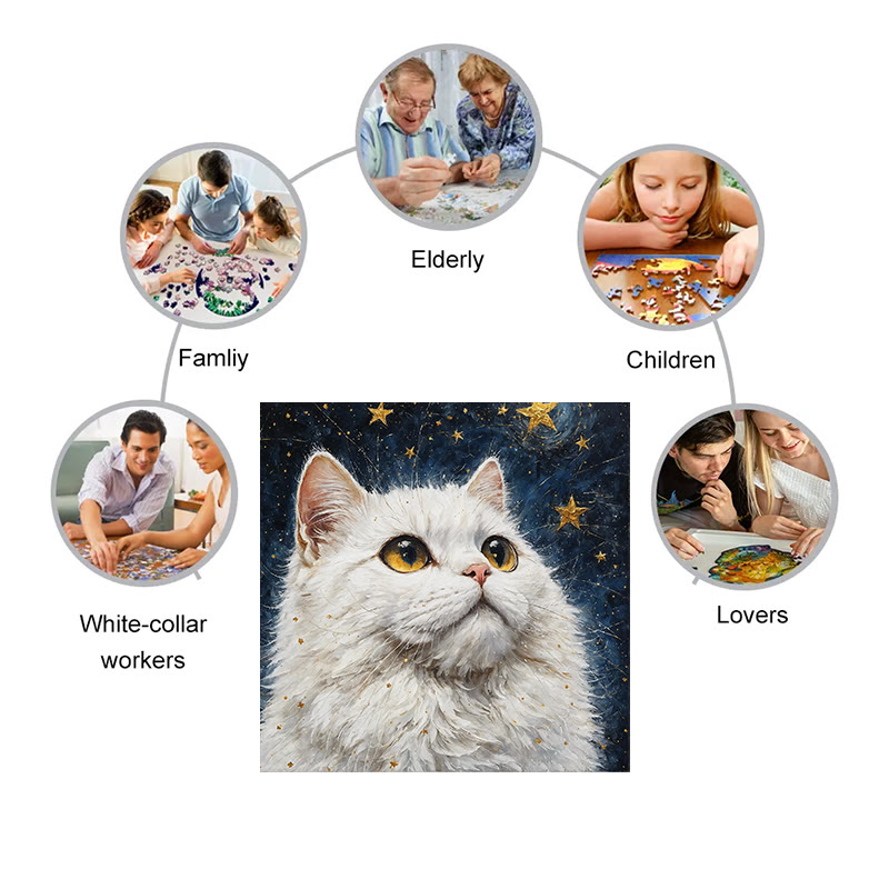 White cat under the starry sky - Wooden Jigsaw Puzzle