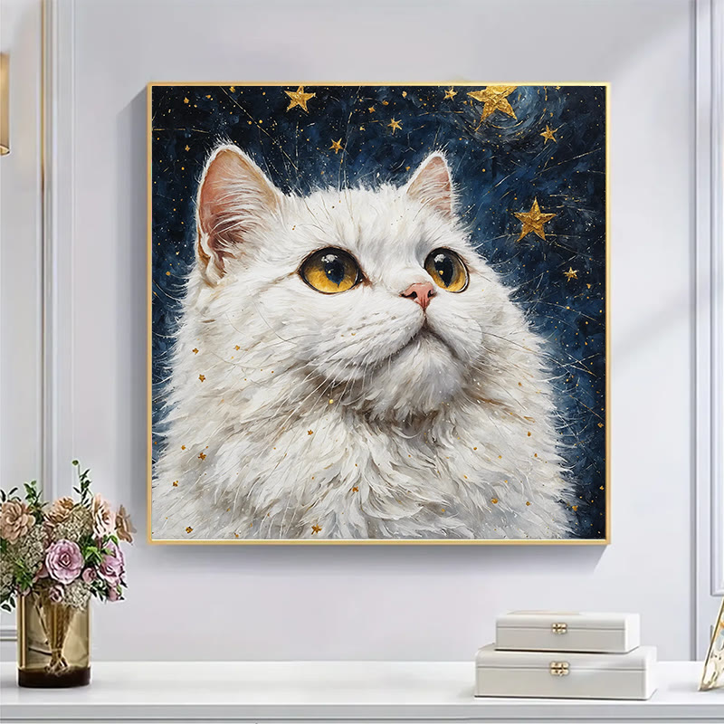 White cat under the starry sky - Wooden Jigsaw Puzzle