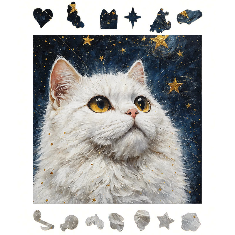 White cat under the starry sky - Wooden Jigsaw Puzzle