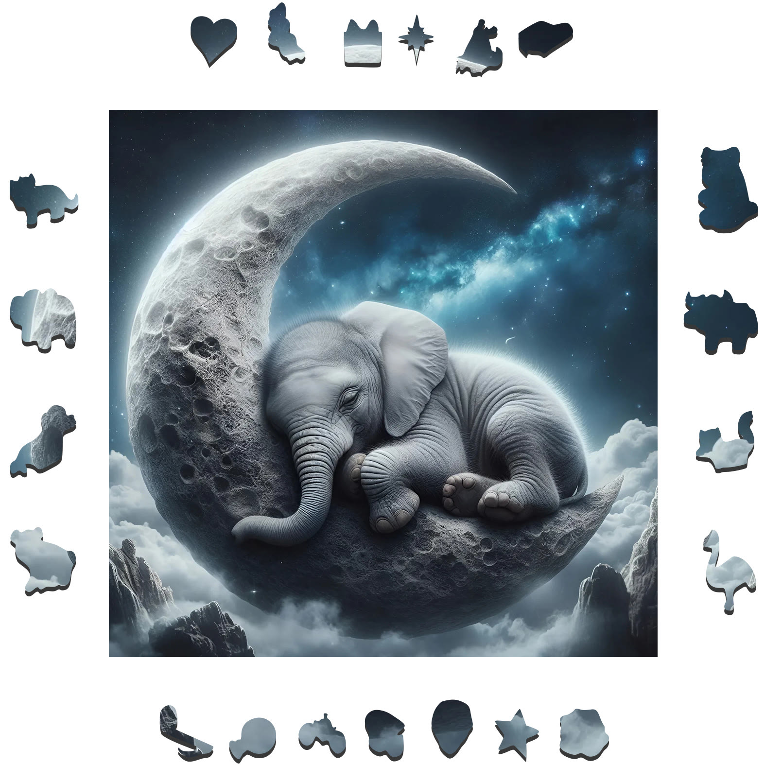 Sleepy Elephant on the Moon - Wooden Jigsaw Puzzle