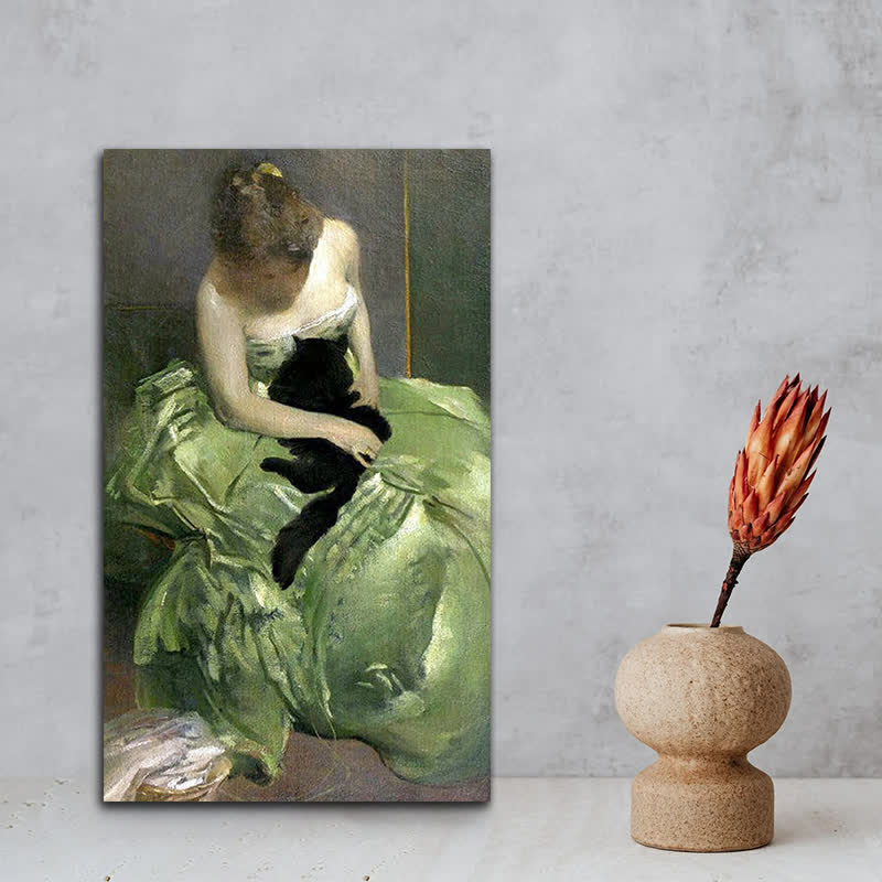 Woman in Green Dress with Black Cat - Wooden Jigsaw Puzzle