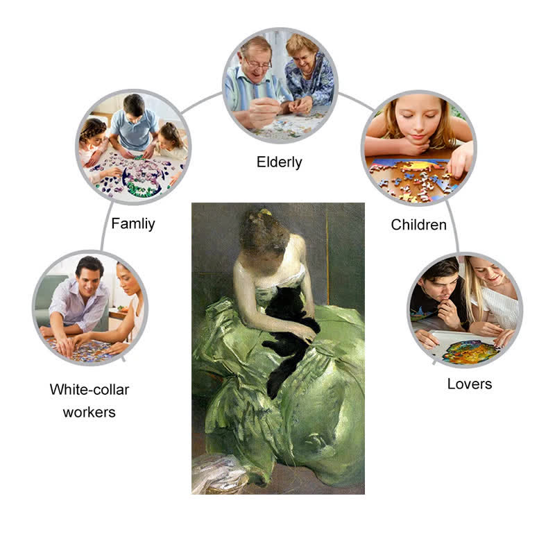 Woman in Green Dress with Black Cat - Wooden Jigsaw Puzzle