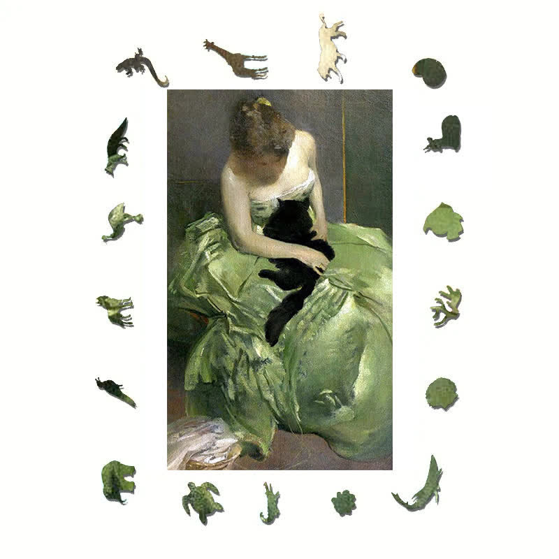Woman in Green Dress with Black Cat - Wooden Jigsaw Puzzle