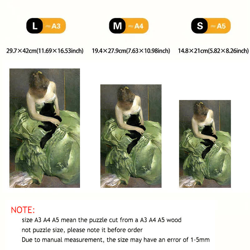 Woman in Green Dress with Black Cat - Wooden Jigsaw Puzzle