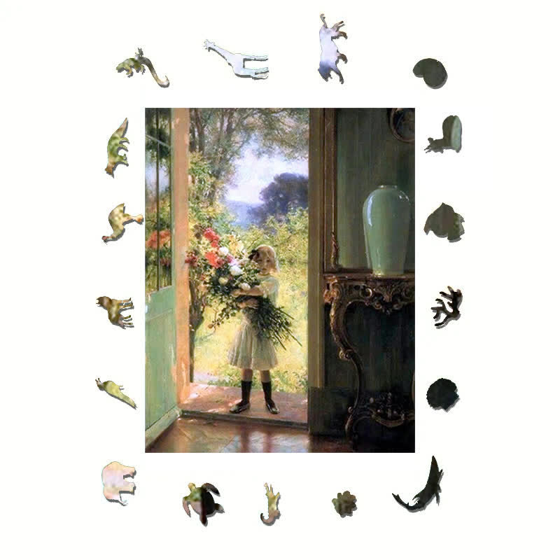 Little girl with huge bouquet - Wooden Jigsaw Puzzle