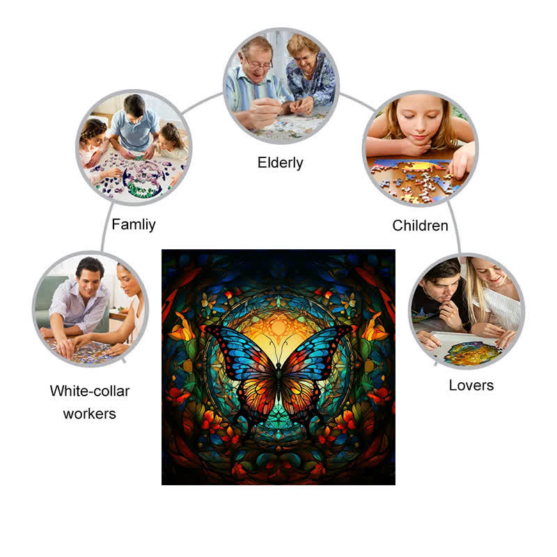 Brightly colored butterfly in a forest - Wooden Jigsaw Puzzle