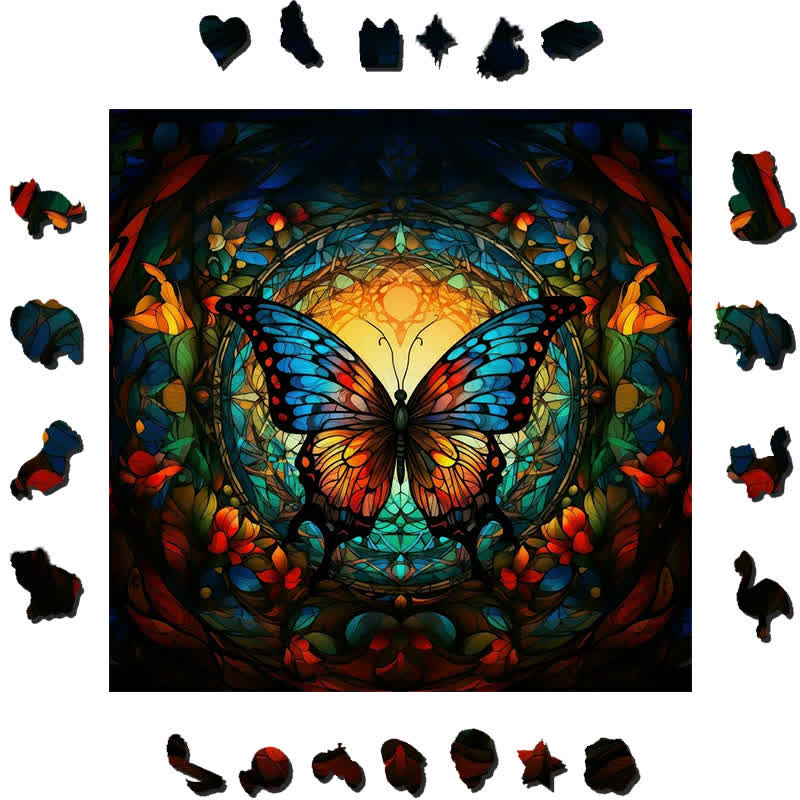 Brightly colored butterfly in a forest - Wooden Jigsaw Puzzle