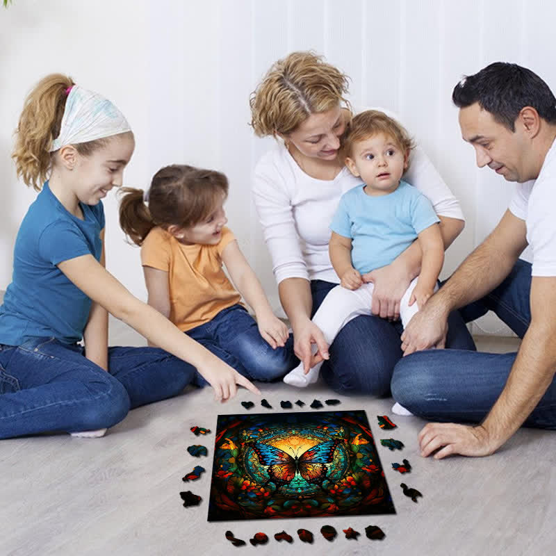 Brightly colored butterfly in a forest - Wooden Jigsaw Puzzle