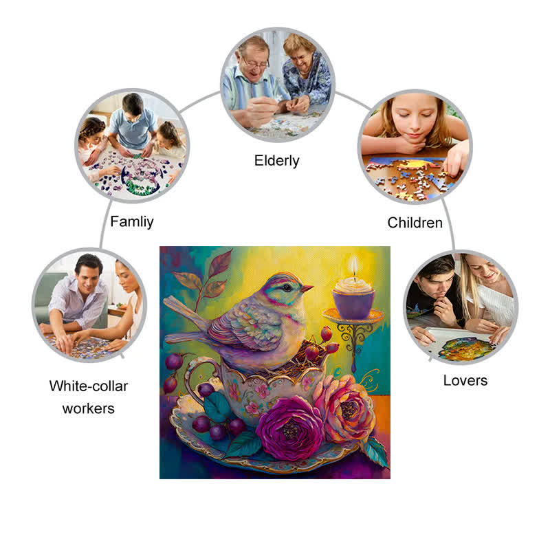 Bird in tea cup Tea - Wooden Jigsaw Puzzle