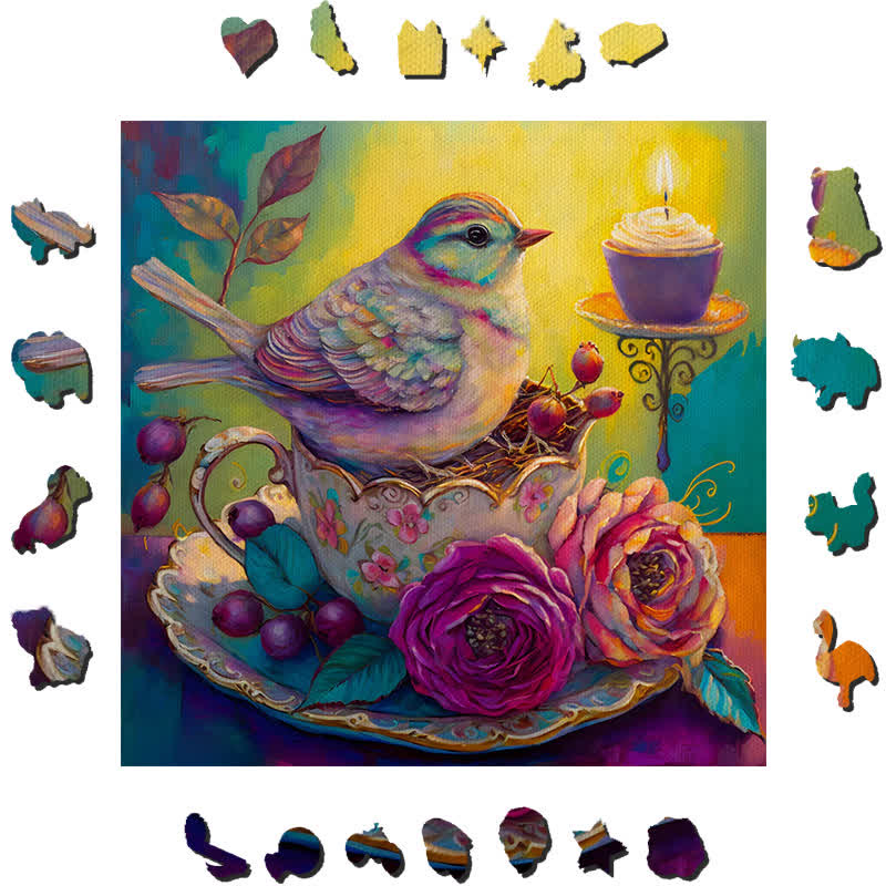 Bird in tea cup Tea - Wooden Jigsaw Puzzle