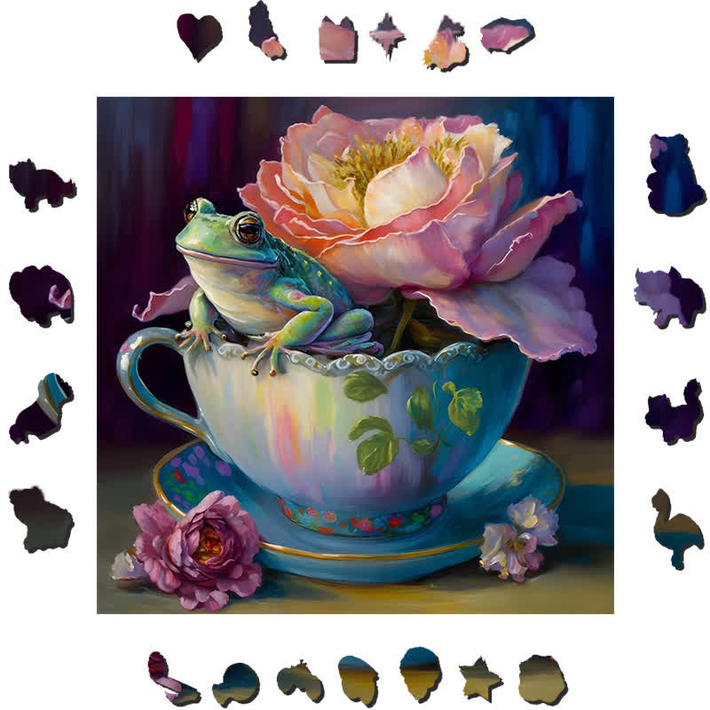 Frog in tea cup Tea  - Wooden Jigsaw Puzzle
