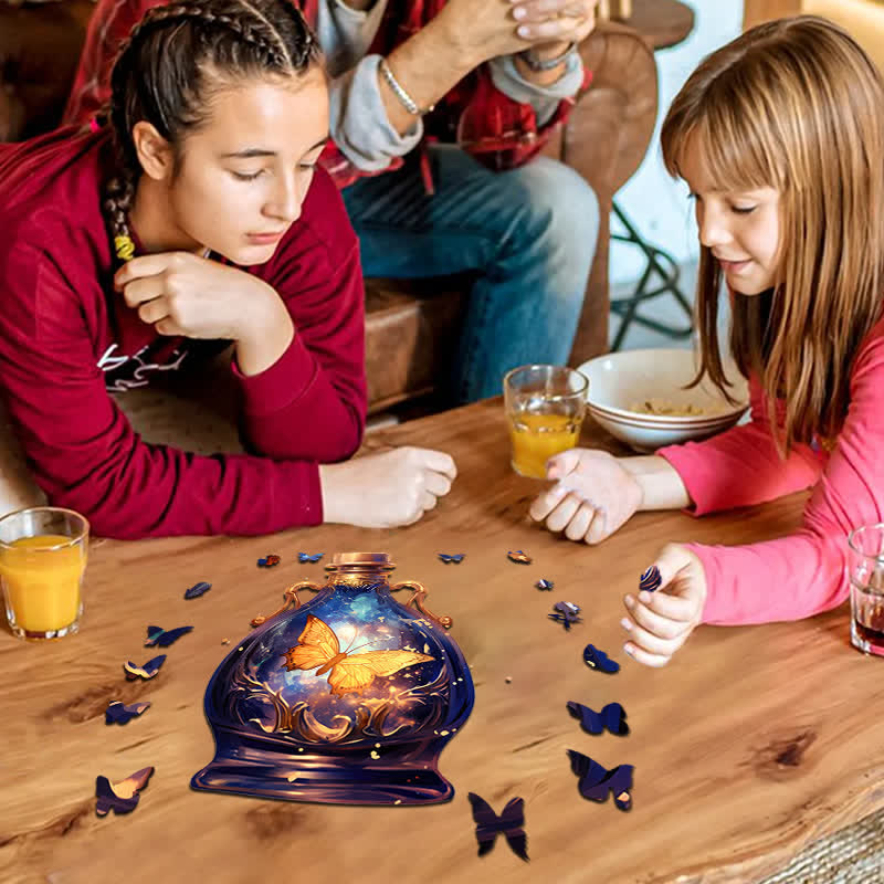 Golden butterfly flying in glass bottle - Wooden Jigsaw Puzzle