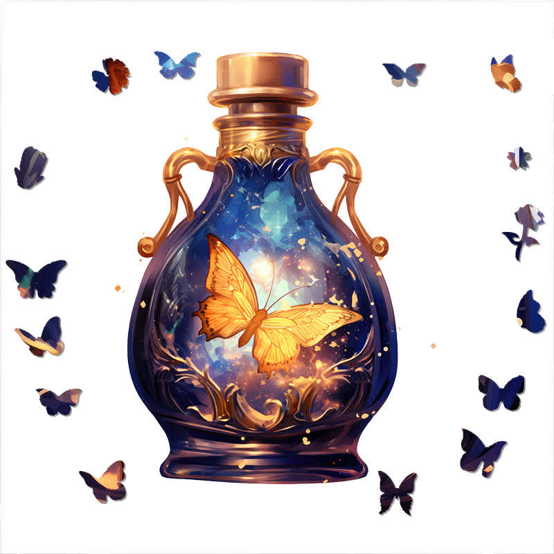 Golden butterfly flying in glass bottle - Wooden Jigsaw Puzzle