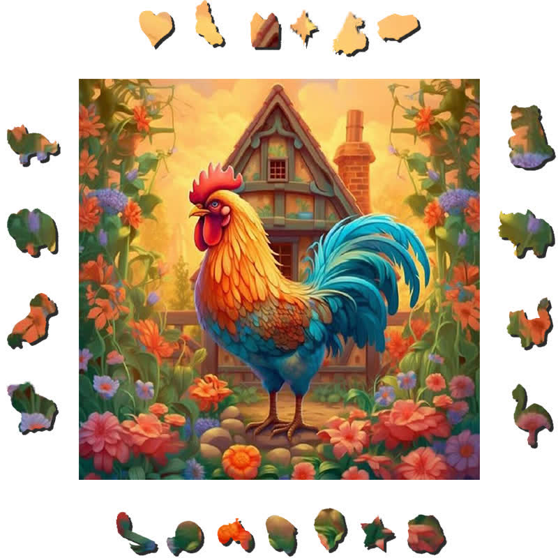 Flower Garden Rooster - Wooden Jigsaw Puzzle