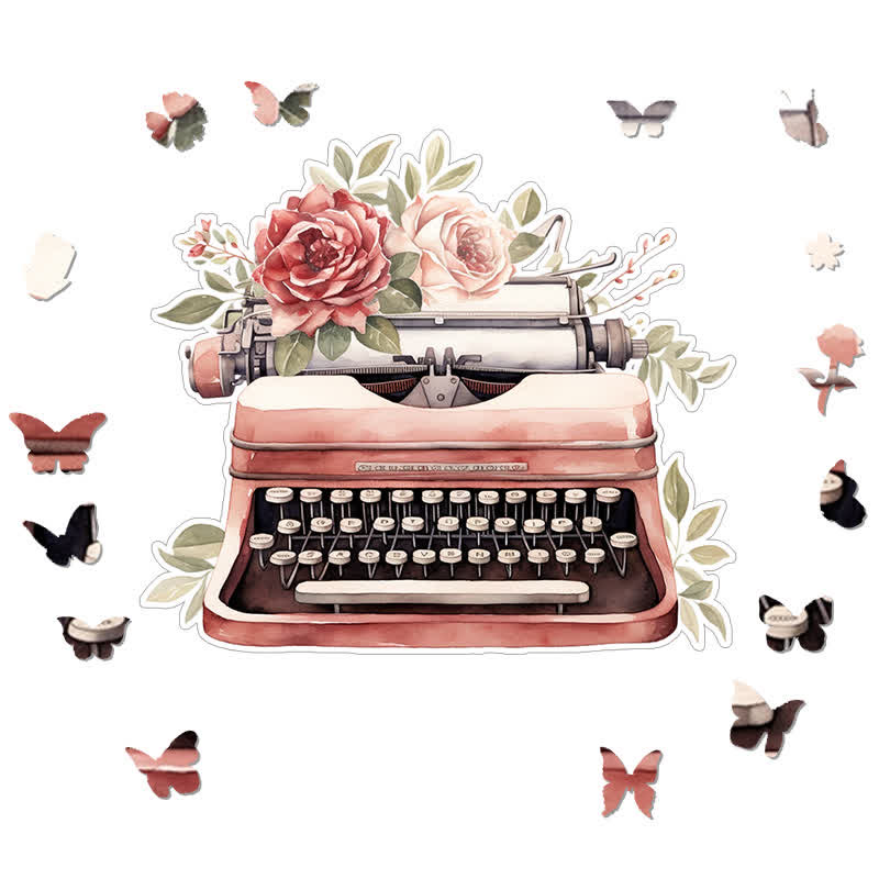 Vintage Flower Typewriter - Wooden Jigsaw Puzzle
