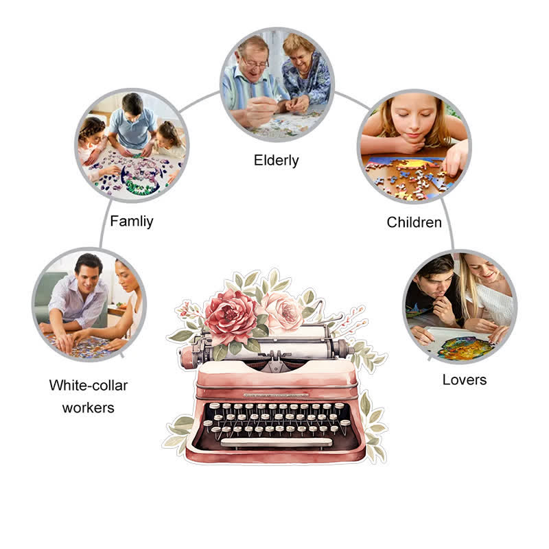 Vintage Flower Typewriter - Wooden Jigsaw Puzzle