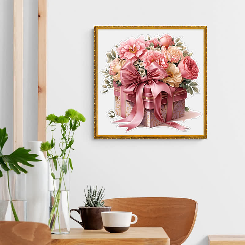 Pink Gift Box Flowers - Wooden Jigsaw Puzzle