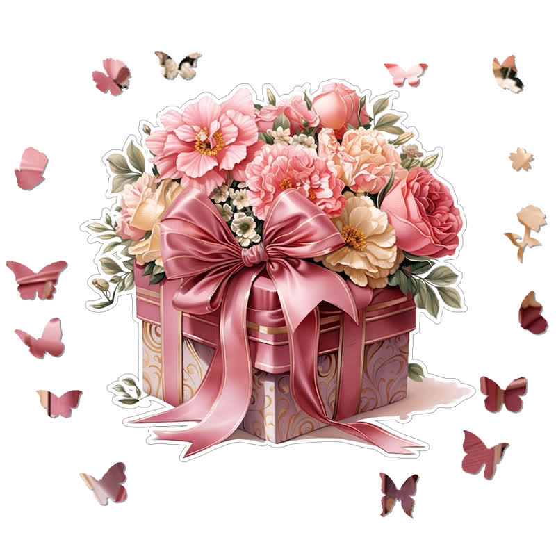 Pink Gift Box Flowers - Wooden Jigsaw Puzzle