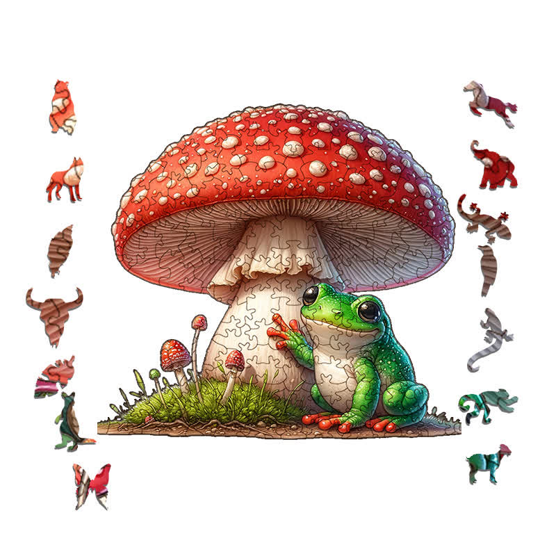 A frog sitting on a mushroom - Wooden Jigsaw Puzzle