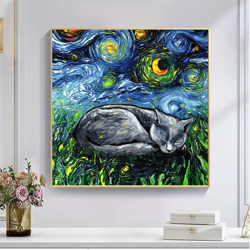 Sleeping Gray Tabby Cat Starry Night - Wooden Jigsaw Puzzle