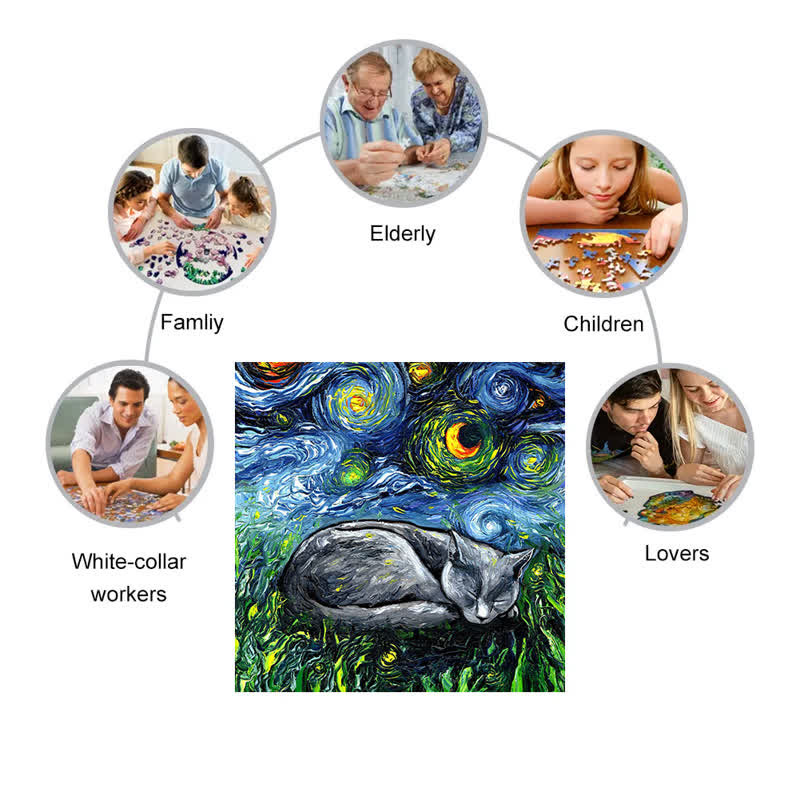 Sleeping Gray Tabby Cat Starry Night - Wooden Jigsaw Puzzle