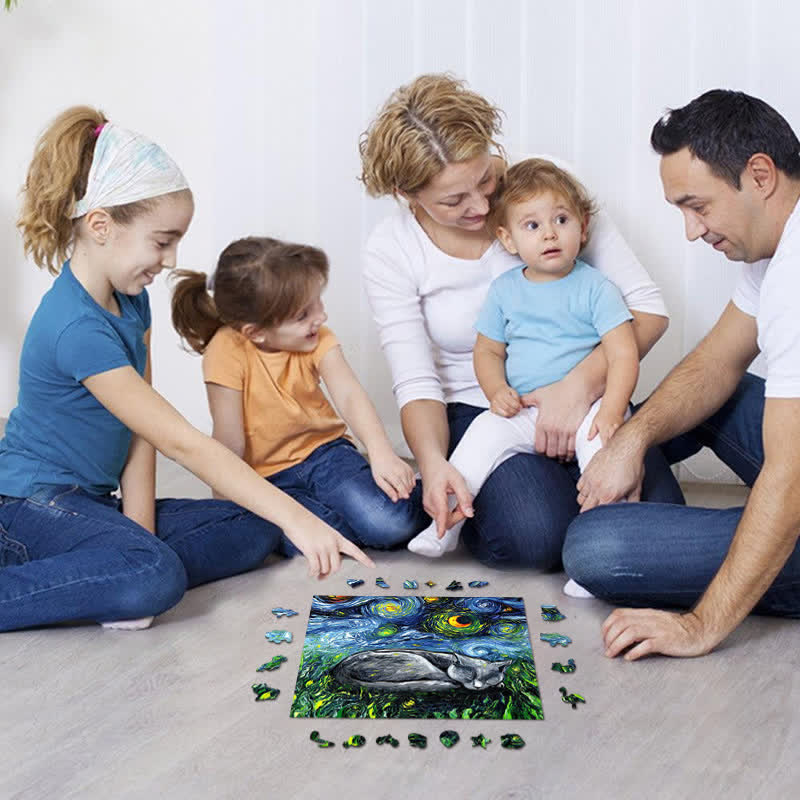 Sleeping Gray Tabby Cat Starry Night - Wooden Jigsaw Puzzle