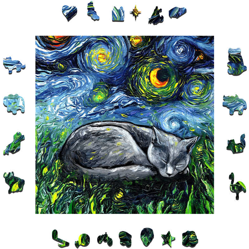 Sleeping Gray Tabby Cat Starry Night - Wooden Jigsaw Puzzle