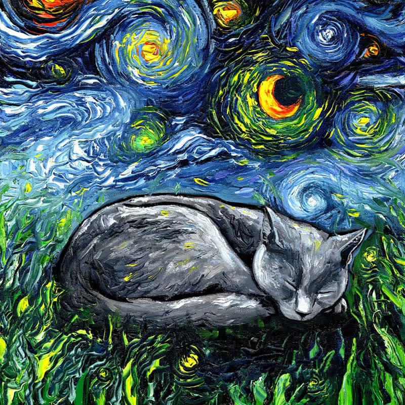 Sleeping Gray Tabby Cat Starry Night - Wooden Jigsaw Puzzle