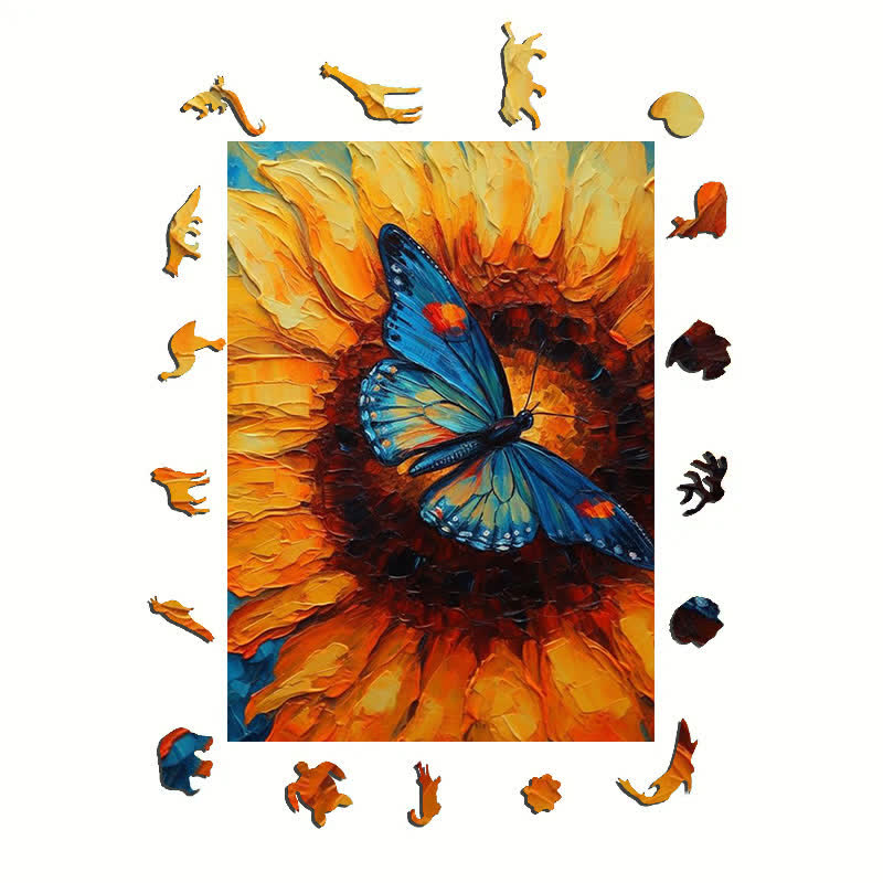 Sunflowers and a Blue Butterfly - Wooden Jigsaw Puzzle