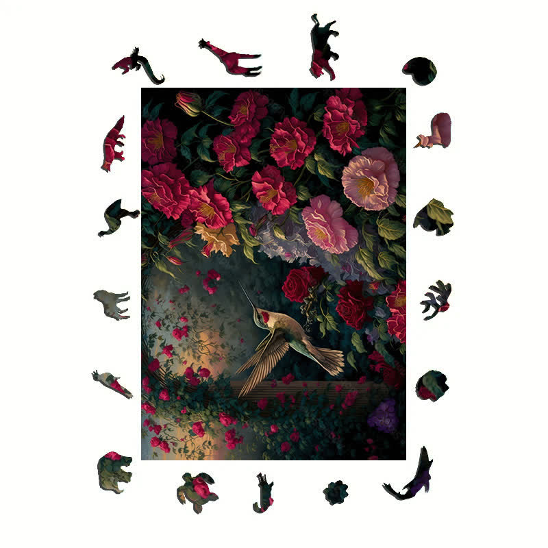 Hummingbird and roses scenery - Wooden Jigsaw Puzzle