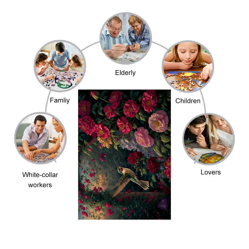 Hummingbird and roses scenery - Wooden Jigsaw Puzzle