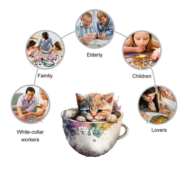  Cute teacup cat -2 Wooden Jigsaw Puzzle