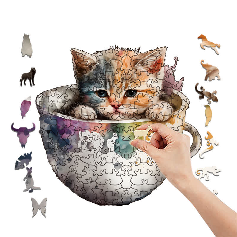  Cute teacup cat -2 Wooden Jigsaw Puzzle