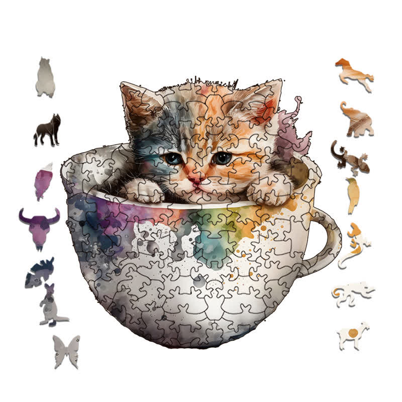  Cute teacup cat -2 Wooden Jigsaw Puzzle