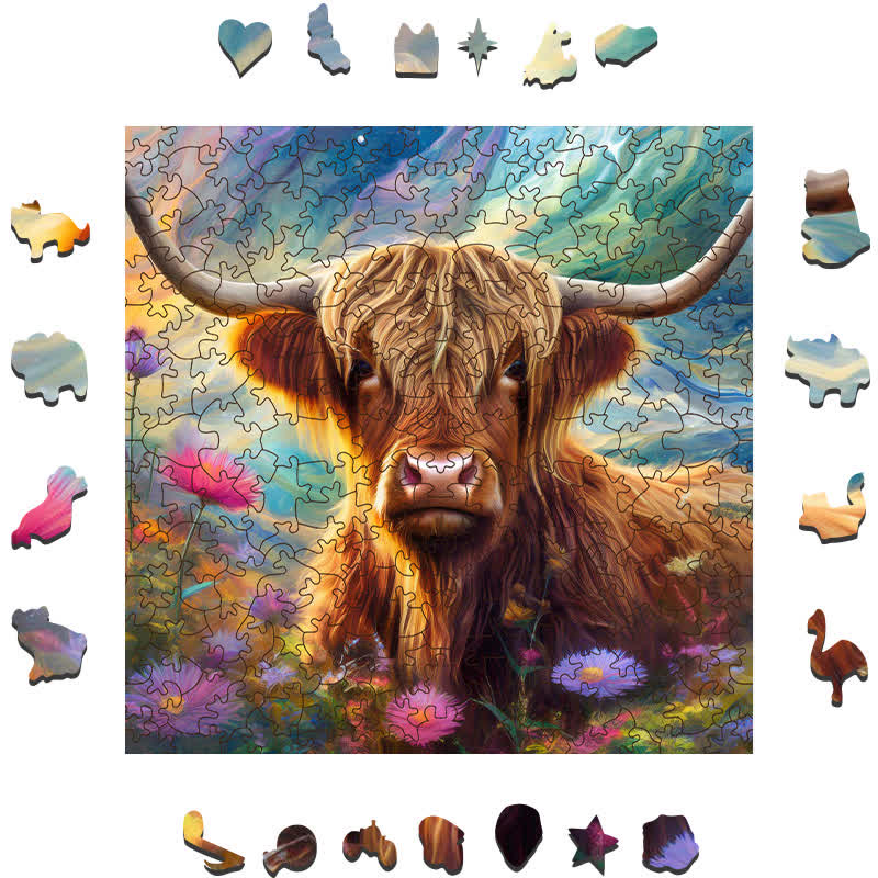Rubbyoo Cute highland cow - Wooden Jigsaw Puzzle
