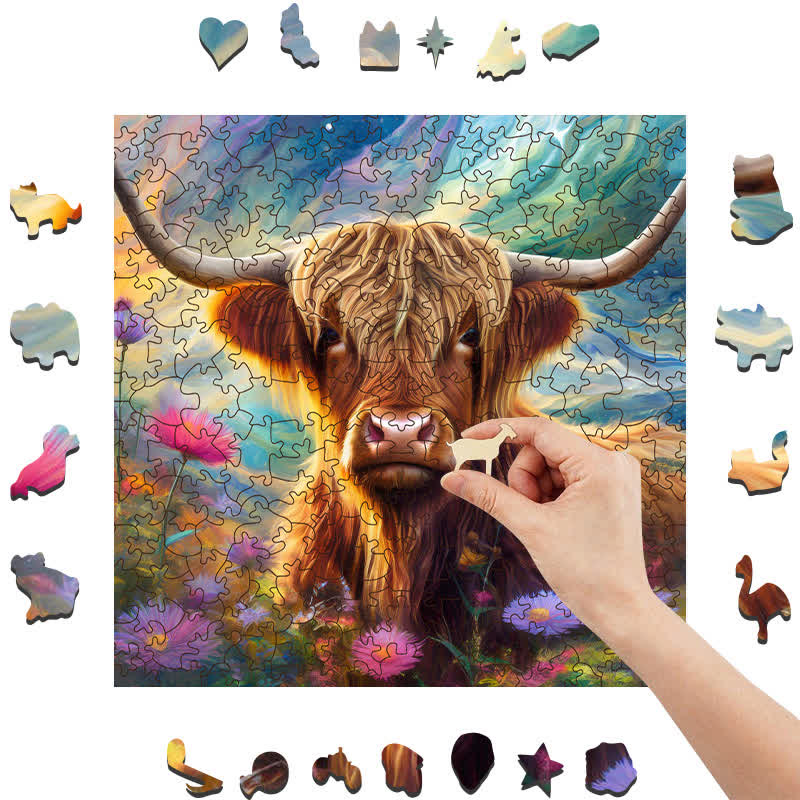 Rubbyoo Cute highland cow - Wooden Jigsaw Puzzle