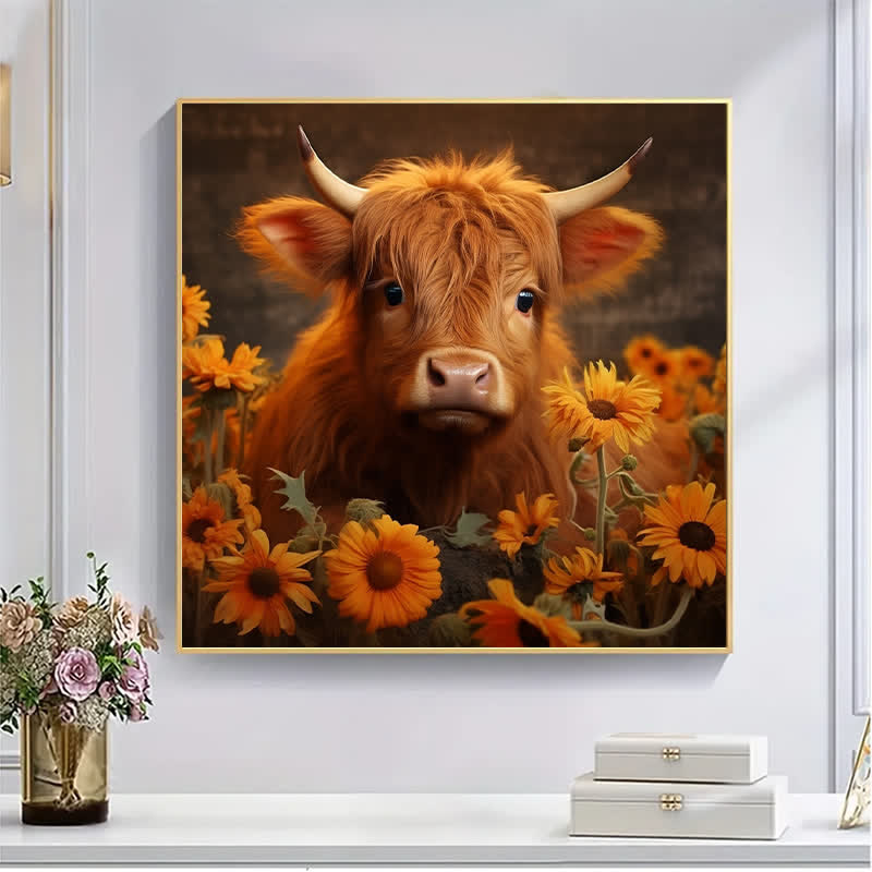 Rubbyoo Highland Cow With Sunflowers - Wooden Jigsaw Puzzle
