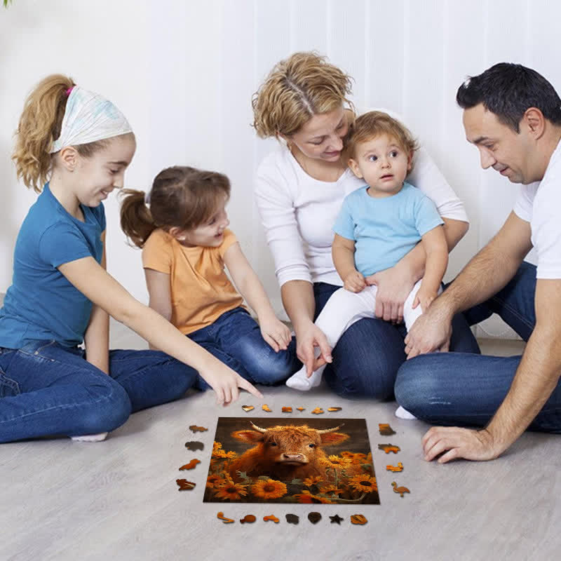 Rubbyoo Highland Cow With Sunflowers - Wooden Jigsaw Puzzle