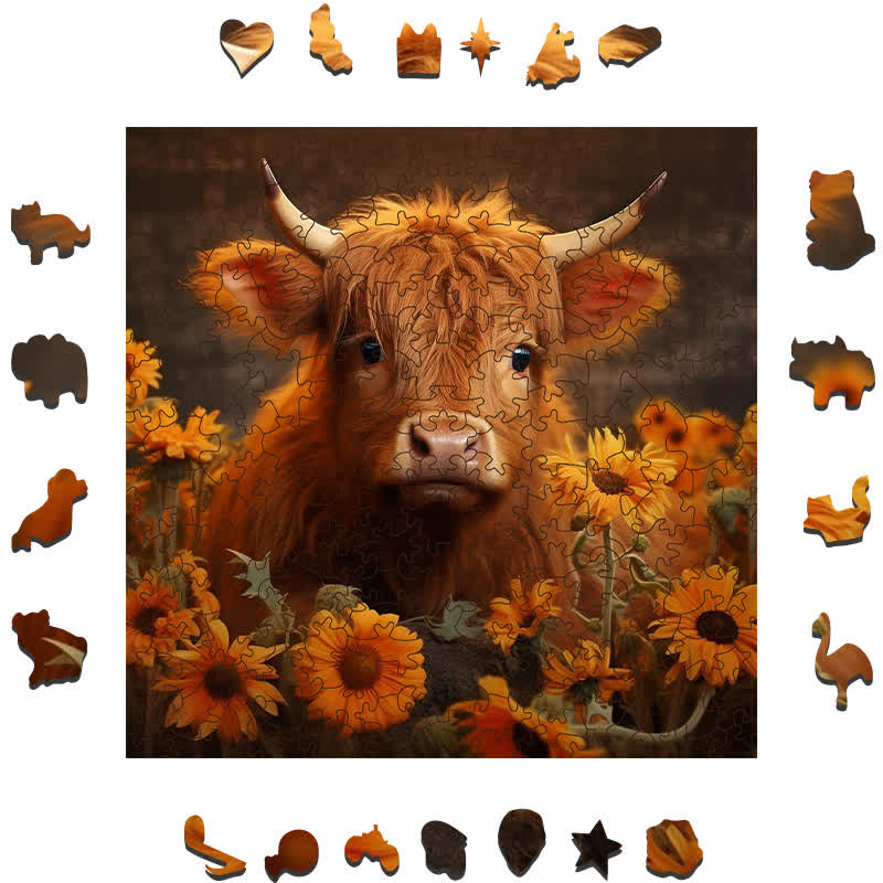 Rubbyoo Highland Cow With Sunflowers - Wooden Jigsaw Puzzle