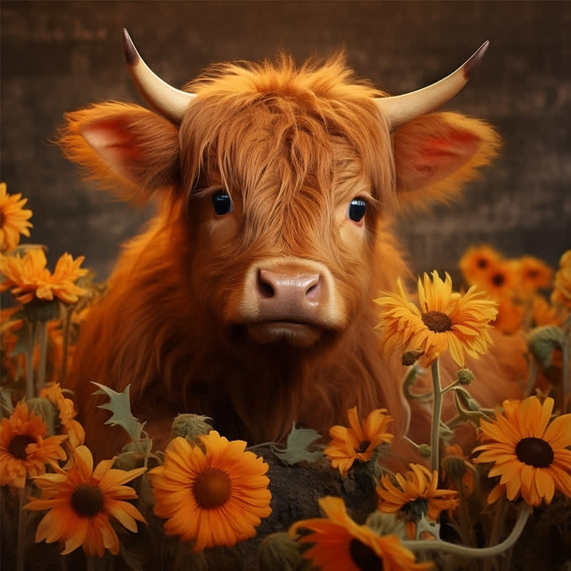 Rubbyoo Highland Cow With Sunflowers - Wooden Jigsaw Puzzle