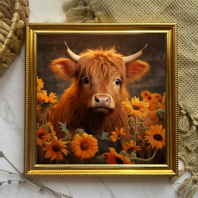 Rubbyoo Highland Cow With Sunflowers - Wooden Jigsaw Puzzle