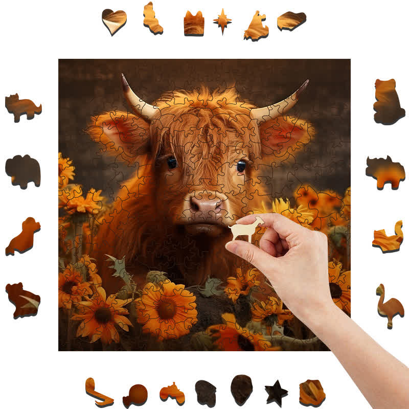 Rubbyoo Highland Cow With Sunflowers - Wooden Jigsaw Puzzle