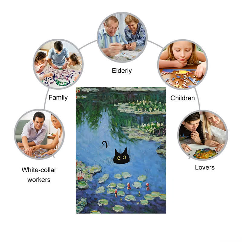 Rubbyoo Water Lilies And Black Cat - Wooden Jigsaw Puzzle